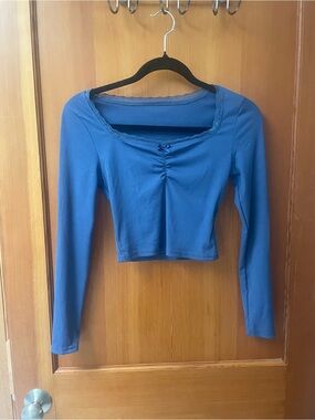 Blue Long-Sleeve Square Neck Crop Top